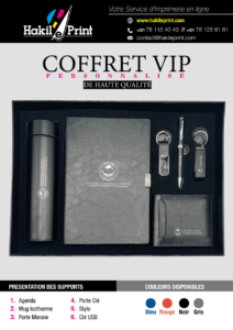 Coffret VIP personnalisé comprenant un agenda, un mug isotherme, un porte-monnaie, un stylo, une clé USB et un porte-clés, tous personnalisés au nom de l'entreprise Probitas Sustainability.