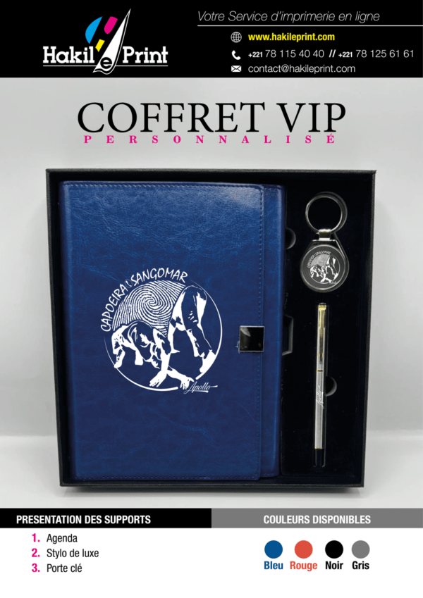 Coffret VIP personnalisé avec agenda, stylo de luxe et porte-clés logotypé.